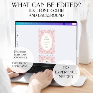 May include: A laptop displays a baby shower invitation design with the text "Emily Andrew" and the date. The screen also shows the text "What can be edited? Text, font, color, and background." Additional text includes "Unlimited edits and downloads" and "No experience needed."