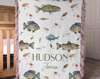 Fishing Nursery Baby Boy Blanket Personalized Baby Shower Gift Custom Name Over Crib Blanket Fish Theme Nursery Decor Outdoor Nursery Theme