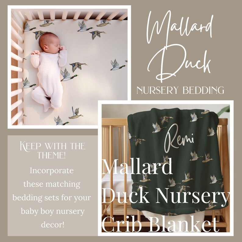 May include: A green crib blanket with a white duck print and the name "Remi" written in cursive. The blanket is part of a nursery bedding set with a mallard duck theme.