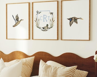 Mallard Duck Nursery Wall Art Set of 3 Custom Monogram Watercolor Crest Baby Nursery Boy Duck Nursery Print Personalized Name Print Baby