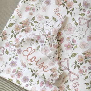 Personalized Baby Swaddle and Hat Set Watercolor Floral Swaddle Blanket Pink Bow Custom Name Newborn Hospital Receiving Blanket Baby Gift