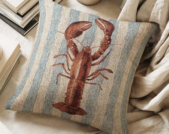 Lobster Pillow Coastal Home Decor Crustacean Woven Throw Pillow Beach House Decorative Pillow Blue Stripe Nautical Accent Pillow Living room