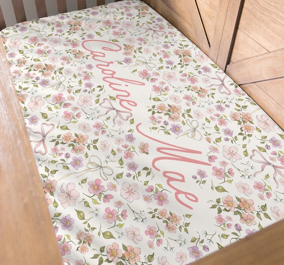 Vintage Floral Bow Crib Sheet Watercolor Floral Feminine Girl Nursery Bedding Pink Bow Personalized Crib Sheet Girl Baby Shower Gift Custom