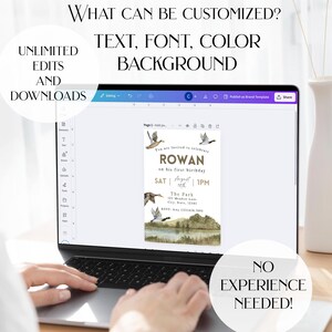 May include: A laptop screen displaying a customisable invitation template with a woodland theme. The invitation features a watercolour illustration of ducks and a lake. The text on the invitation reads "You are invited to celebrate Rowan on his first birthday. Sat August 12th 1 PM. The Park 113 Meadow Lane City, State 12343 RSVP Amy (123) 456-7890". The text on the laptop screen reads "What can be customized? Text, font, colour, background. Unlimited edits and downloads. No experience needed!"