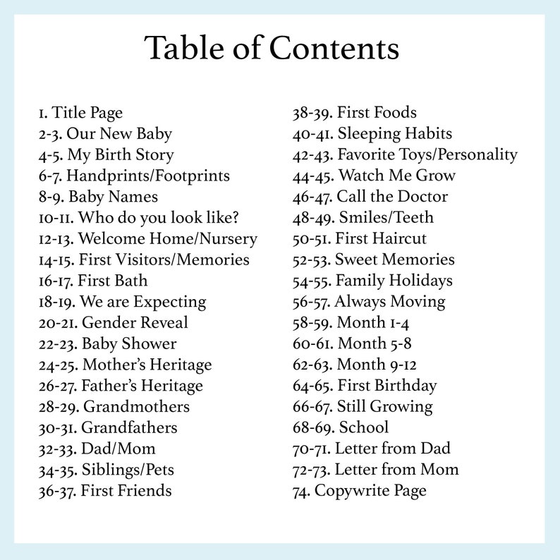 Table of Contents New Baby Birth Story Birth States Baby Name Sign Gender Reveal Farm Baby Memory Book