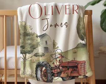 Personalized Baby Blanket Tractor Farm Blanket Boy Gift for Baby Customized Name Baby Shower Gift Tractor Nursery Crib Blanket Custom Gift