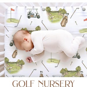 Vintage golf watercolor curtains for a golf nursery, designed with classic toile patterns for baby boy decor.