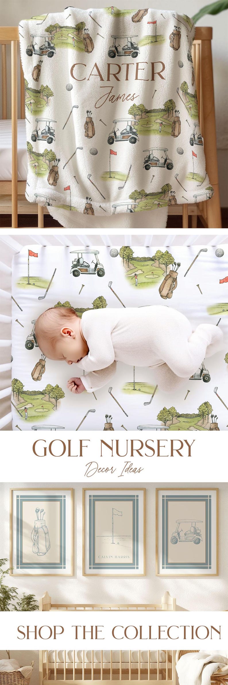Vintage golf watercolor curtains for a golf nursery, designed with classic toile patterns for baby boy decor.