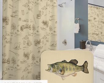 Cabin Bathroom Decor Vintage Fish Shower Curtain and Bath Mat Set Lake Fish Bass Decor Mens Shower Curtain Lake House Decor Bathroom Brown