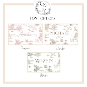 May include: An image showcasing font options for personalized name signs. The image features three sample designs with names in different fonts: Cursive, Combo, and Block. Each design includes a woodland animal illustration.