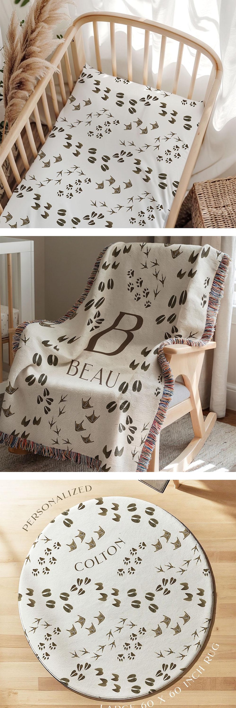 May include: A white woven baby blanket with a brown print of animal footprints and the name "Beau" in brown text. The blanket is fringed and has a woven texture.