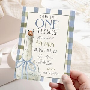 Blue Gingham Silly Goose Invite Editable Canva Template One Silly Goose Party Decor