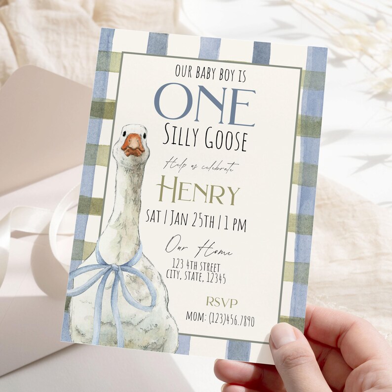 Blue Gingham Silly Goose Invite Editable Canva Template One Silly Goose Party Decor