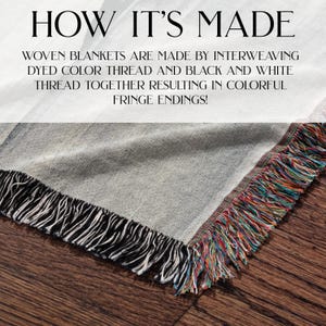 May include: Close-up of the edge of a woven blanket with colorful fringe. The blanket is made by interweaving dyed color thread and black and white thread together. "HOW IT'S MADE" text is visible at the top of the image.