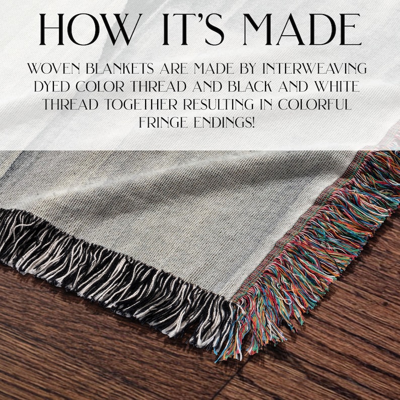 May include: Close-up of the edge of a woven blanket with colorful fringe. The blanket is made by interweaving dyed color thread and black and white thread together. "HOW IT'S MADE" text is visible at the top of the image.