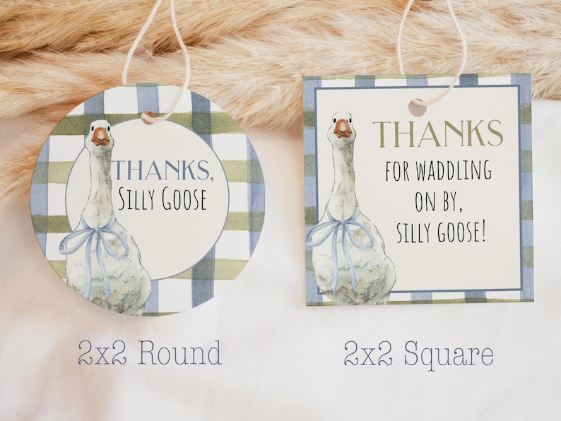 Blue One Silly Goose Round Party Favor Tag Cupcake Topper Editable Template