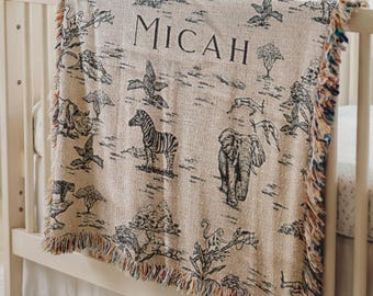 Personalized Safari Toile Baby Blanket Boy Custom Name Baby Gift for Newborn Vintage Safari Crib Bedding with Name Safari Baby Shower Gift