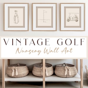 Juego de 3 láminas artísticas de golf para guardería, decoración para cuna de niño con temática deportiva vintage, letrero con nombre de bebé personalizado para guardería de niño