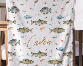 Fishing Baby Blanket Personalized Baby Gift Boy Hunting Theme Nursery Custom Name Blanket Fish Coming Home Blanket Baby Boy Room Decor