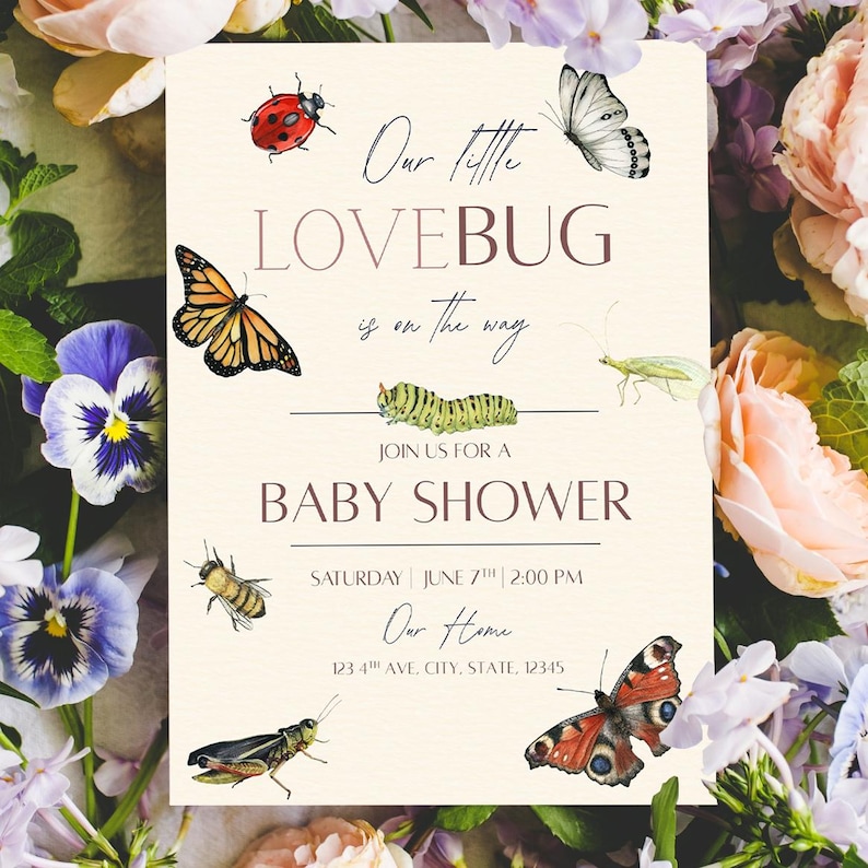 Love Bug Spring Shower Digital Invite Butterfly Baby Shower Girl Garden Party.