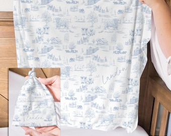 Farm Animal Baby Swaddle and Hat Set Boy Personalized Baby Announcement Blanket Hospital Welcome Set Farm Toile Swaddle Custom Name Hat Baby
