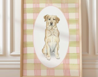 Yellow Labrador Dog Wall Art Print Lab Dog Nursery Decor Pink Green Gingham Grand Millennial Girl Bedroom Art Watercolor Dog Painting Framed