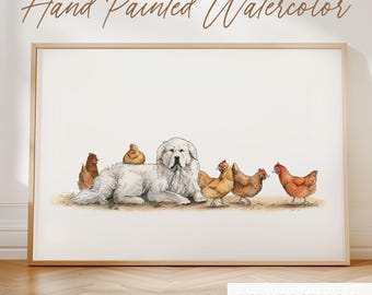 Great Pyrenees Art Farmhouse Wall Art Digital Print Livestock Guardian Dog Art Chicken Print Farm Nursery Decor Watercolor Farm Animal Decor