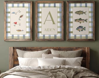 Fishing Boy Room Decor Personalized Name Print Set of 3 Vintage Fishing Wall Art Blue Green Gingham Wall Art Fishing Lure Print Watercolor