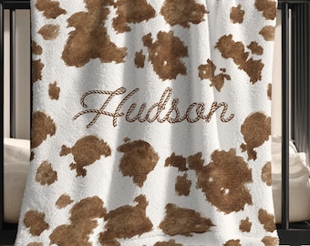 Västerländsk barnfilt med kotryck Brun personlig filt med namn för nyfödd Babyshower-present Djurtryck Filt med kohud