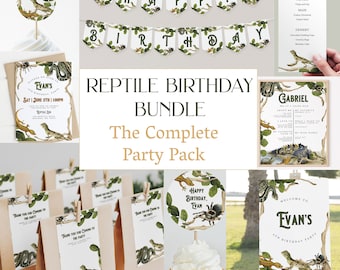 Paquete de fiesta de cumpleaños de reptiles Paquete de invitación de cumpleaños con temática de reptiles Conjunto de plantillas de invitación para cumpleaños de niño con decoración de fiesta de encuentro con animales de reptiles