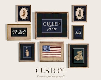 Americana Nursery Wall Art Set of 8 Digital Vintage Americana Boy Personalized Name Print Teddy Bear Art Upscale Boy Room Decor Blue Plaid
