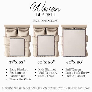 May include: Woven blanket size guide with three different sizes: 37 inches by 52 inches, 50 inches by 60 inches, and 60 inches by 80 inches. Each size is shown on a bed with a blanket laid out on top. The text below each size lists suggested uses for the blanket.