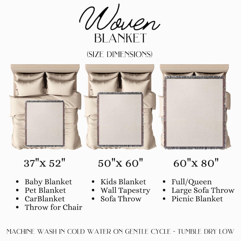 May include: Woven blanket size guide with three different sizes: 37 inches by 52 inches, 50 inches by 60 inches, and 60 inches by 80 inches. Each size is shown on a bed with a blanket laid out on top. The text below each size lists suggested uses for the blanket.