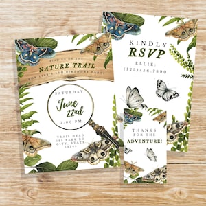 May include: A nature-themed birthday party invitation with a magnifying glass, butterflies, and greenery. The invitation reads "Find us on the Nature Trail for Lily's 5th Birthday Party" and includes the date, time, and location. The RSVP card reads "Kindly RSVP Ellie: (123)456.7890".
