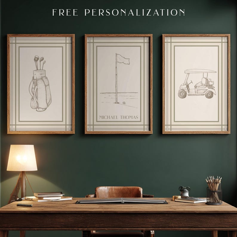 Vintage Golf Wall Art Set of 3 Custom Gift for Him Golf Decor Bedroom Printable