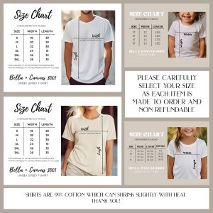 Puede incluir: Tabla de tallas para camisetas de jersey unisex Bella + Canvas 3001 y camisetas para ni&ntilde;os peque&ntilde;os Bella + Canvas 3001T. La tabla muestra las medidas de ancho y largo en pulgadas para las tallas S-3XL para camisetas unisex y 2T-5T para camisetas para ni&ntilde;os peque&ntilde;os. El texto "Por favor, selecciona cuidadosamente tu talla, ya que cada art&iacute;culo se hace por encargo y no es reembolsable" tambi&eacute;n est&aacute; incluido.