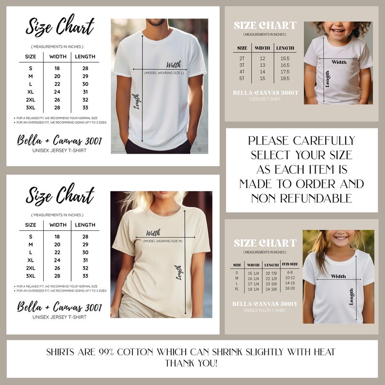 Puede incluir: Tabla de tallas para camisetas de jersey unisex Bella + Canvas 3001 y camisetas para ni&ntilde;os peque&ntilde;os Bella + Canvas 3001T. La tabla muestra las medidas de ancho y largo en pulgadas para las tallas S-3XL para camisetas unisex y 2T-5T para camisetas para ni&ntilde;os peque&ntilde;os. El texto "Por favor, selecciona cuidadosamente tu talla, ya que cada art&iacute;culo se hace por encargo y no es reembolsable" tambi&eacute;n est&aacute; incluido.