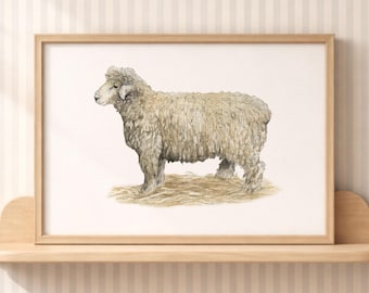 Farmhouse Wall Art Country Home Decor Watercolor Sheep Painting Vintage Farm Decor Nursery Girl Sheep Wall Art Print Framed Farm Animal Art