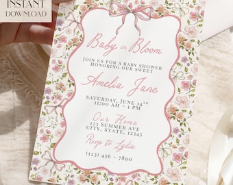 Plantilla digital de invitación para baby shower con diseño de bebé en flor, invitación manuscrita para baby shower floral, baby shower de primavera en jardín, niña con lazo rosa.