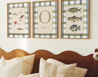 Fishing Nursery Decor Personalized 3 Piece Wall Art Print Wood Frame Cabin Art Watercolor Lake Fish Decor Green Gingham Print Boy Bedroom