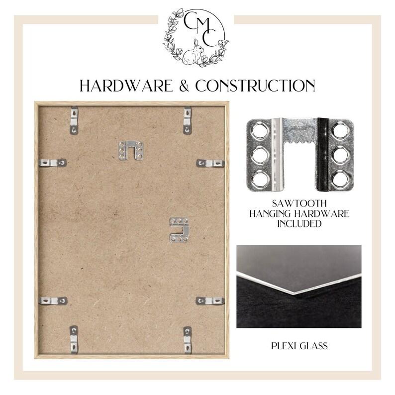 May include: Back of a framed picture showing hardware and construction details. Includes sawtooth hanging hardware and plexi glass. Text reads "HARDWARE & CONSTRUCTION" and "SAWTOOTH HANGING HARDWARE INCLUDED" and "PLEXI GLASS".