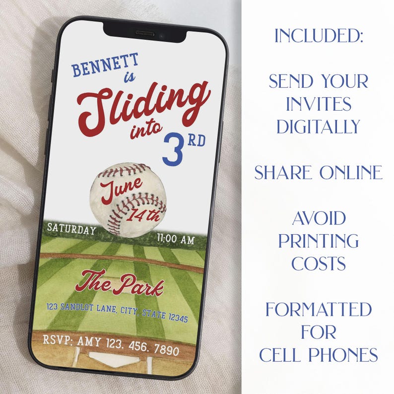 May include: A smartphone screen displaying a baseball-themed digital invitation. The design includes the text "Bennett is Sliding into 3rd" and a baseball illustration. The invitation also features event details and RSVP information.