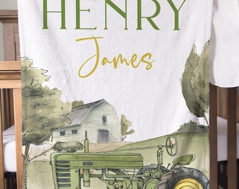 Tractor Blanket Personalized Toddler Blanket Green Yellow Tractor Theme Nursery Farm Name Blanket Custom Boy Gift Construction Equipment Boy