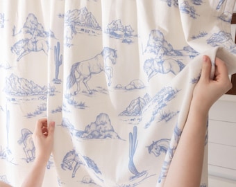 Western Nursery Curtain Cotton Cowboy Curtain Set Vintage Western Curtain Blue Kid Ranch Style Blackout Curtain Baby Room Drapes for Bedroom