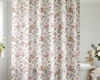 Floral Bow Shower Curtain Girl Bathroom Decor College Dorm Room Shower Curtain Set Watercolor Flower Pattern Pink Teen Girl Bath Decoration