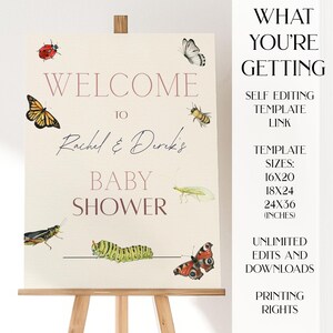 May include: A printable baby shower welcome sign with a pink and cream color scheme. The sign features a variety of insects and butterflies, including a ladybug, a caterpillar, a grasshopper, and a butterfly. The text on the sign reads "Welcome to Rachel & Dirik's Baby Shower".