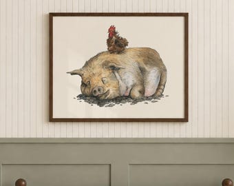 Country Home Decor Framed Farmhouse Decorative Wall Art Farm Pig Art Funny Chicken Watercolor Farmhouse Kitchen Decor Farm Nursery Print