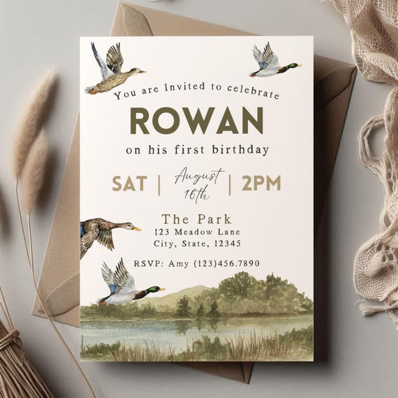 Mallard Duck 1st Birthday Invite Boy Digital Invitation Duck Hunting Birthday Invitation Mallard Duck Toddler Birthday Idea First Birthday