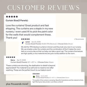 Peut inclure: Un affichage graphique intitul&eacute; CUSTOMER REVIEWS pr&eacute;sentant quatre avis cinq &eacute;toiles pour des rideaux. Le texte inclut des retours sp&eacute;cifiques de clients nomm&eacute;s Rachel, Marie et Grace, mentionnant des tailles de rideaux comme 50x82 et 52x63 pouces, des couleurs et la qualit&eacute;.