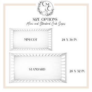 May include: Image showing size options for cribs. The text reads "SIZE OPTIONS Mini and Standard Crib Sizes." Two cribs are displayed: a mini/cot size (24 x 36 in.) and a standard size (28 x 52 in.). A logo with a rabbit is at the top.